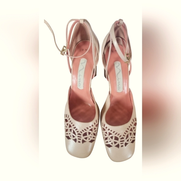 Nina Women's Vintage Pink Laser Cut Out Square Toe Leather Made In Spain Heels 9 - Picture 10 of 12